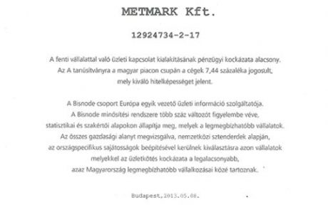 Metmark Bisnode A minősítés